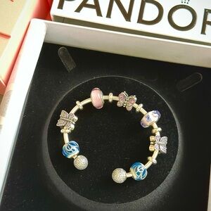 Pandora Silver Bracelet with Pink and Blue Charms for Butterfly lovers